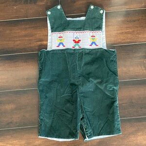 Vintage  Anavini Green Corduroy Kids Short Overalls Embroidered Puppets